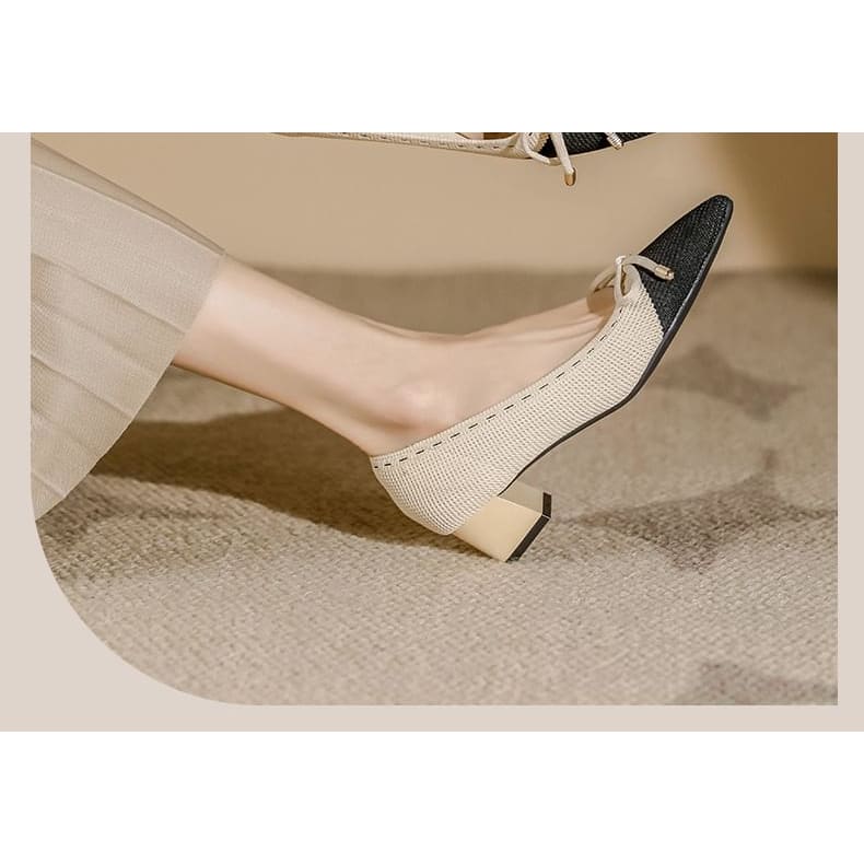 Bow Fabric Pointed Block Heel Pumps