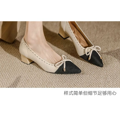 Bow Fabric Pointed Block Heel Pumps