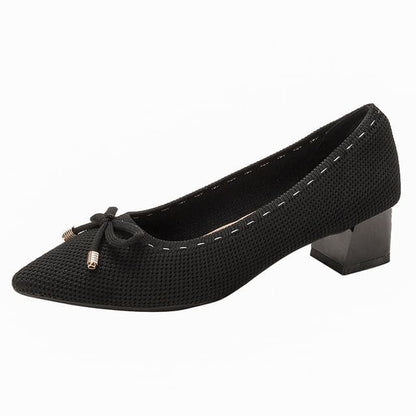 Bow Fabric Pointed Block Heel Pumps - Black / 34