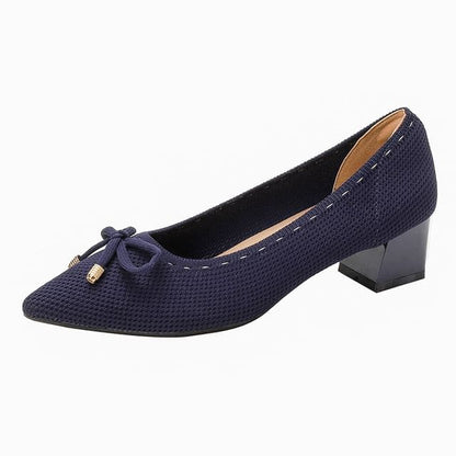 Bow Fabric Pointed Block Heel Pumps - Blue / 34