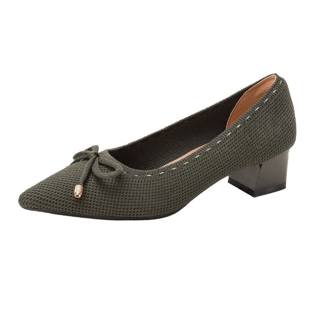 Bow Fabric Pointed Block Heel Pumps - Green / 34