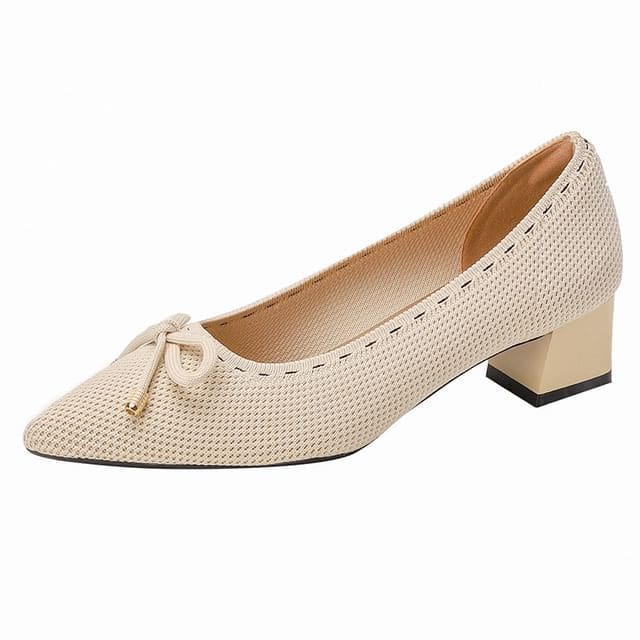 Bow Fabric Pointed Block Heel Pumps - Light Almond / 34