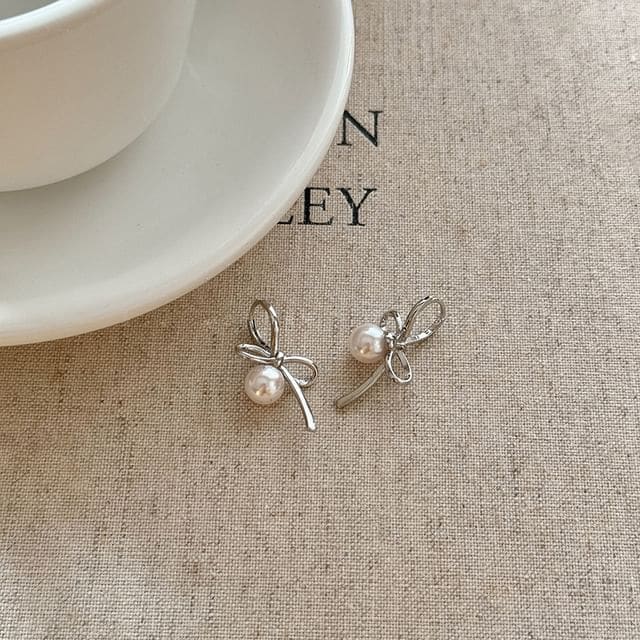 Bow Faux Pearl Drop Earring - 1 Pair - Silver / One Size