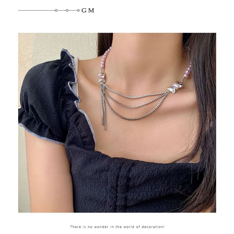 Bow Faux Pearl Layered Chain Necklace