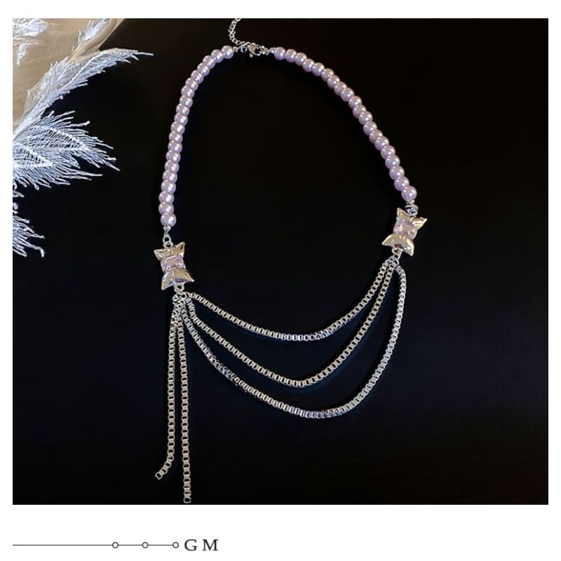 Bow Faux Pearl Layered Chain Necklace