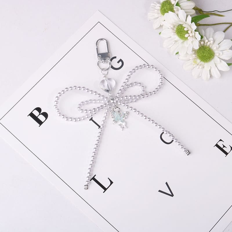 Bow Faux Pearl Resin Bag Charm Keyring Phone