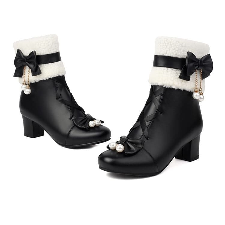 Bow Fleece Panel Chunky Heel Short Boots