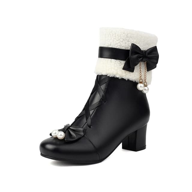 Bow Fleece Panel Chunky Heel Short Boots - Black / 34