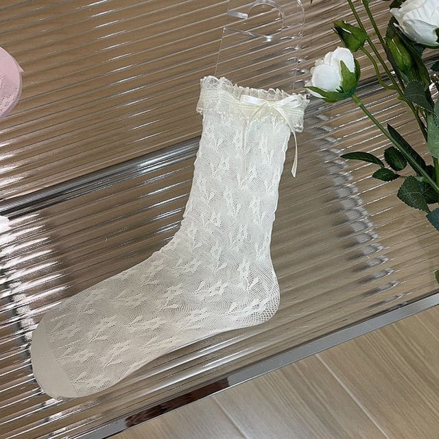 Bow Floral Lace Socks - Light Yellow / One Size