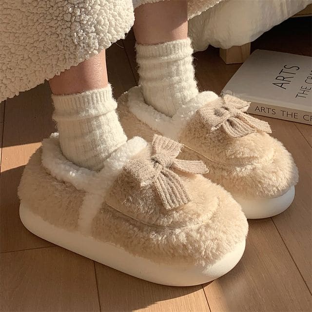 Bow Fluffy Slippers - Bow - Khaki / 36 to 37