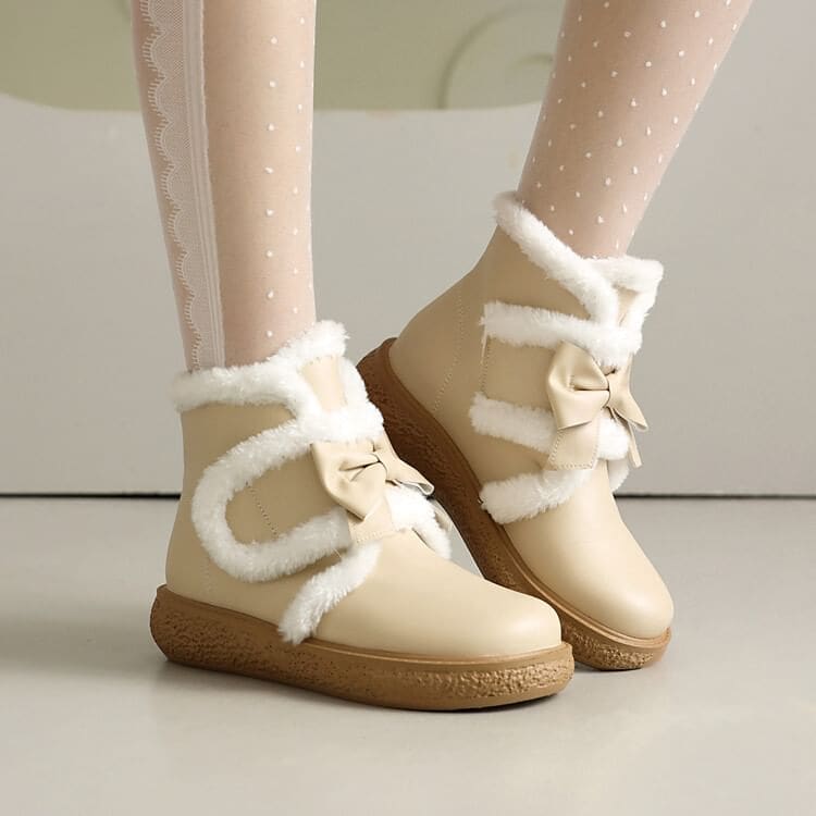 Bow Fluffy Trim Platform Short Boots