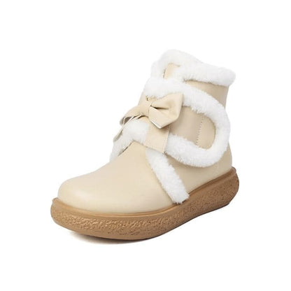 Bow Fluffy Trim Platform Short Boots - Beige / 28