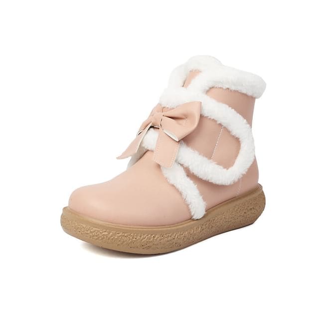 Bow Fluffy Trim Platform Short Boots - Pink / 28