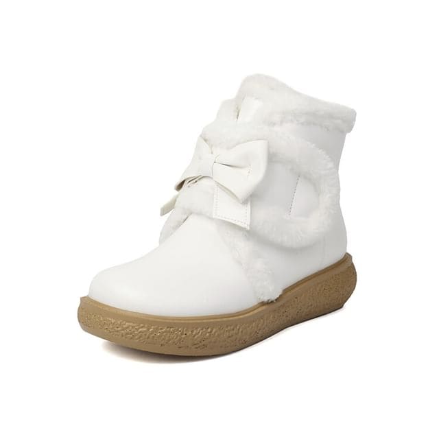 Bow Fluffy Trim Platform Short Boots - White / 28