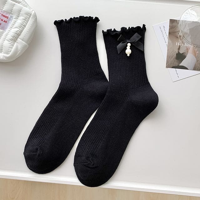 Bow Frill Short Socks - Faux Pearl Edition - Black Trim