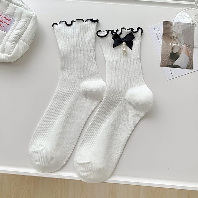 Bow Frill Short Socks - Faux Pearl Edition - Black Trim