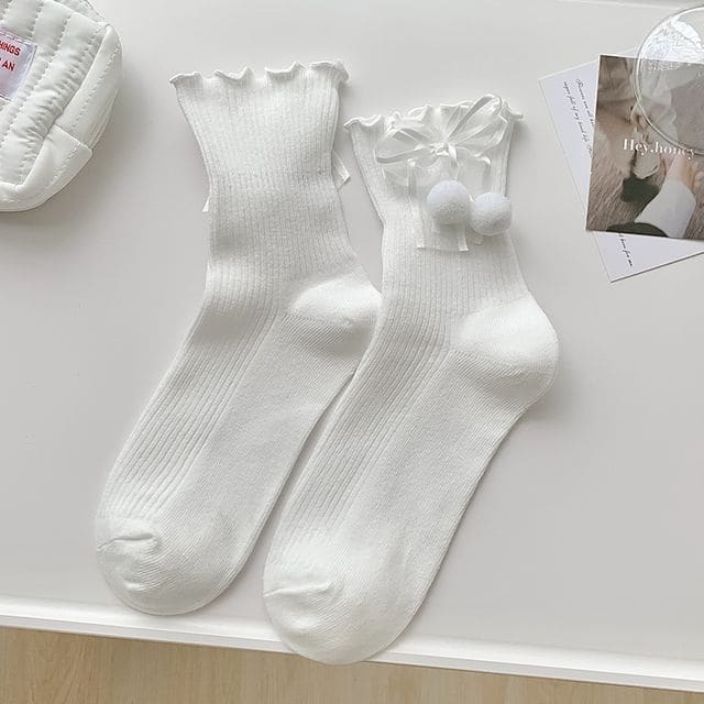 Bow Frill Short Socks - Pompom Edition - White / 35 To 40