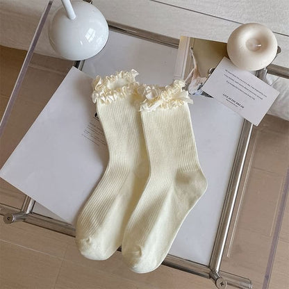 Bow Frill Trim Socks - Beige / One Size