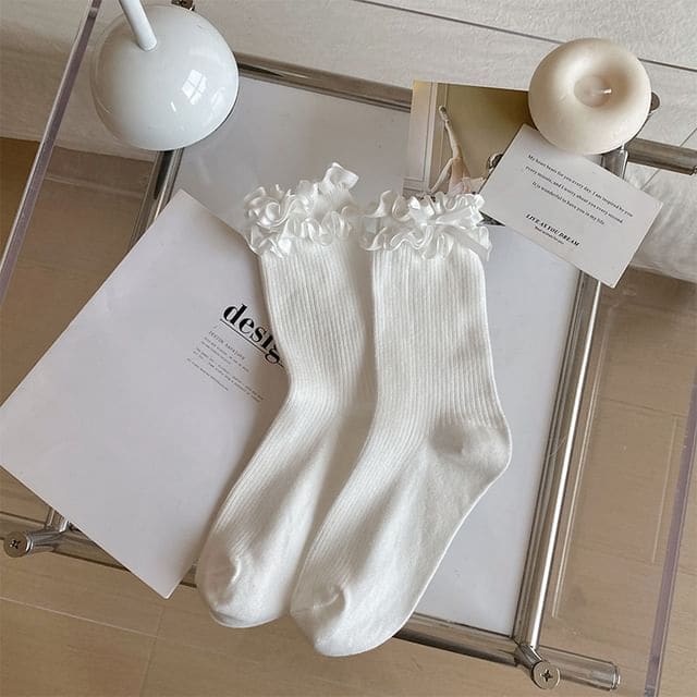 Bow Frill Trim Socks - White / One Size