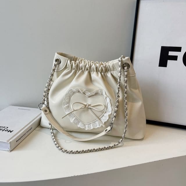 Bow Heart Chain Shoulder Bag - Off-White / One Size