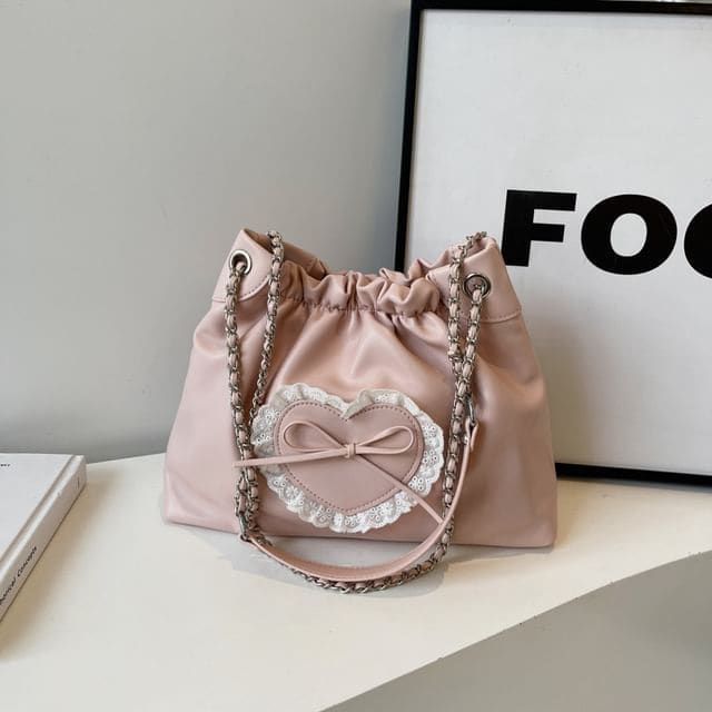 Bow Heart Chain Shoulder Bag - Pink / One Size