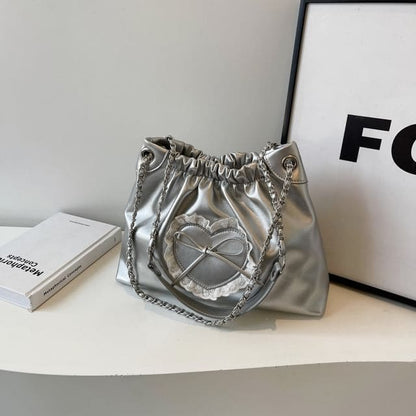 Bow Heart Chain Shoulder Bag - Silver / One Size