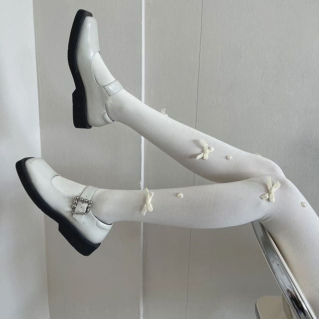 Bow Heart Detail Tights - White / One Size