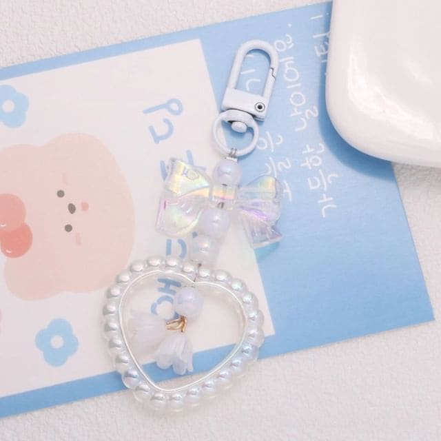 Bow Heart Faux Pearl Acrylic Bag Charm Keyring - Q1241-4