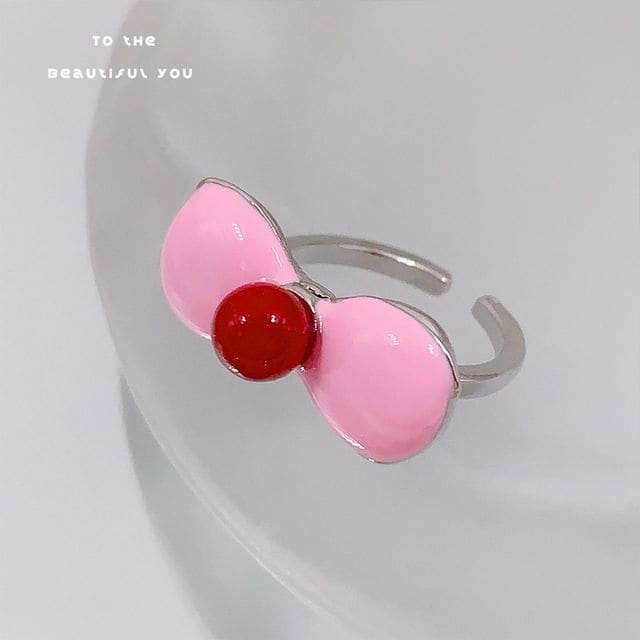 Bow / Heart Gemstone Open Ring - Pink Bow - Silver