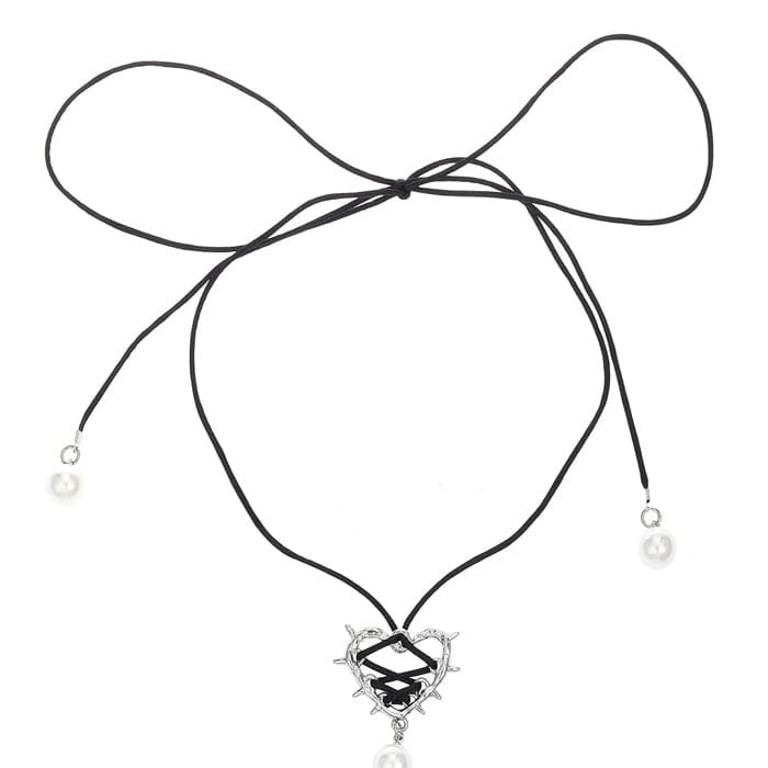 Bow Heart Pearl Necklace - Standart / Black - Necklace