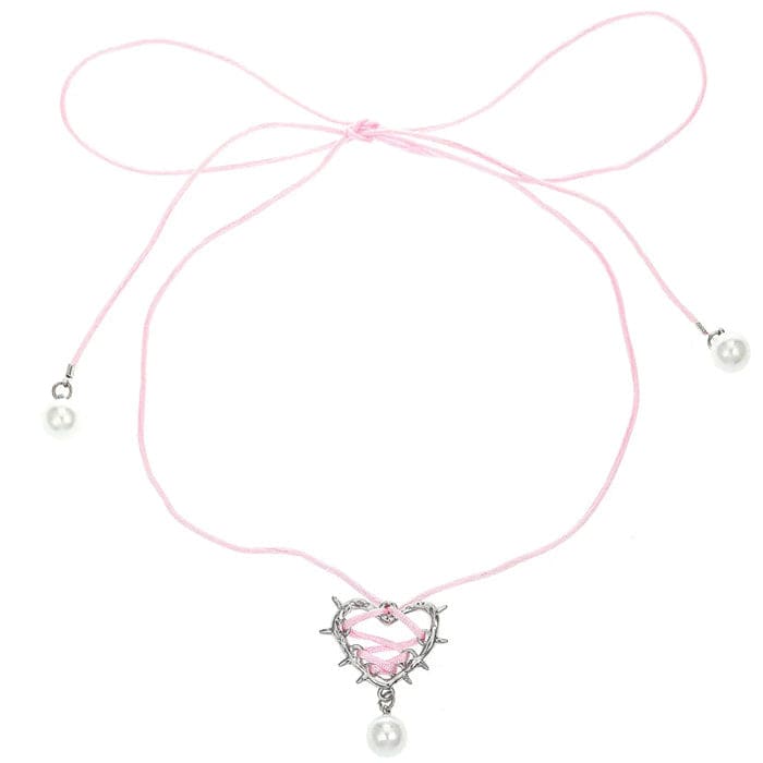 Bow Heart Pearl Necklace - Standart / Pink - Necklace