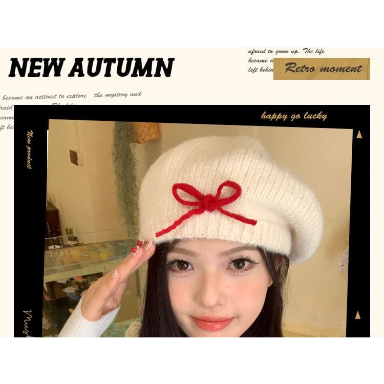 Bow Knit Beret Hat