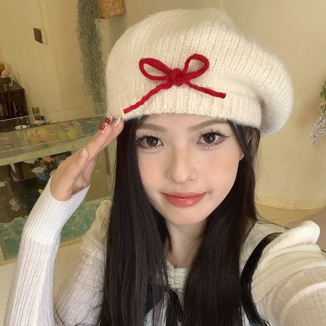 Bow Knit Beret Hat - Beige / M