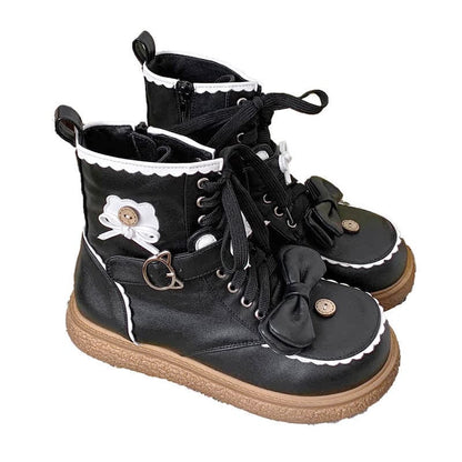 Bow Knot Button Bear Lolita Martin Boots - Black / 35