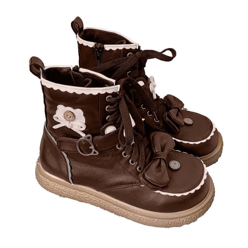 Bow Knot Button Bear Lolita Martin Boots - Brown / 35