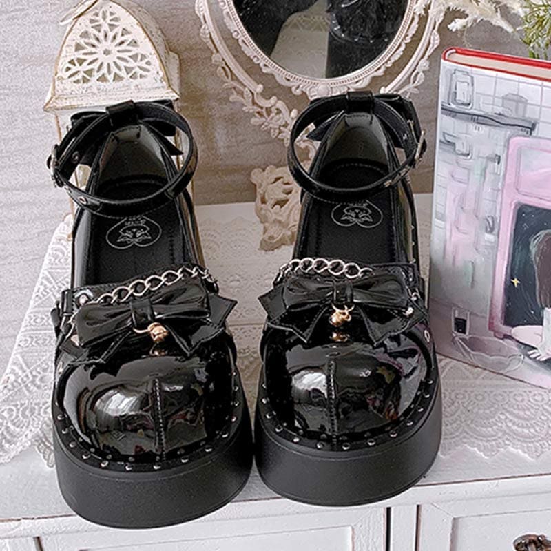 Bow Knot Chain Lolita Mary Janes Shoes - Black / 34