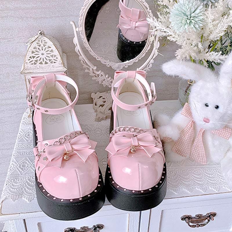 Bow Knot Chain Lolita Mary Janes Shoes - Pink / 34