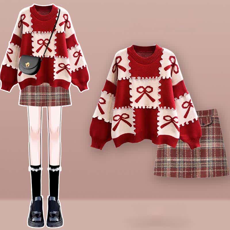 Bow Knot Print Sweater Plaid Pleated Skirt Set - Set A / M