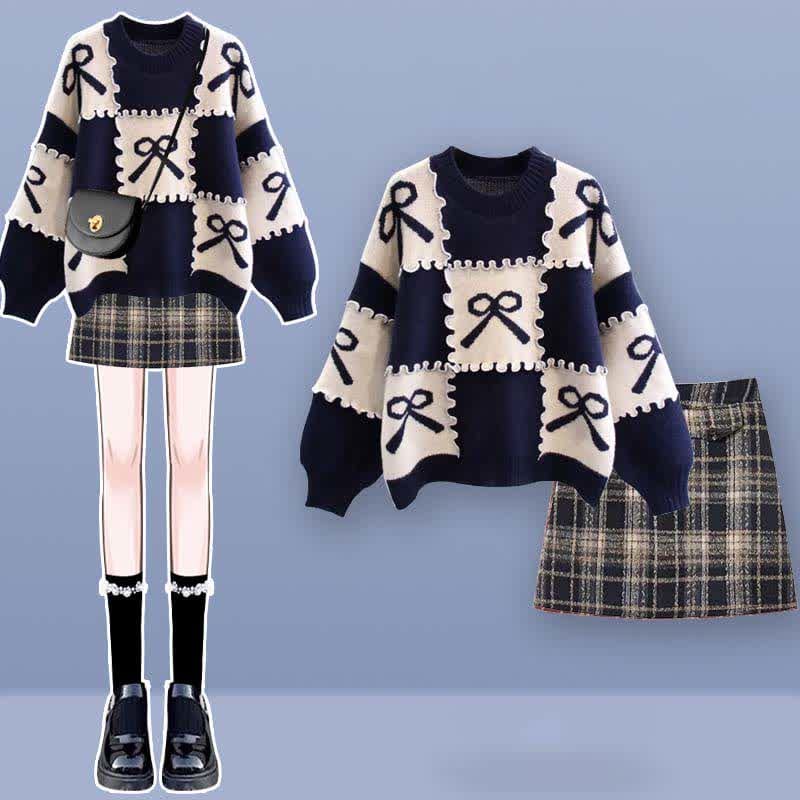 Bow Knot Print Sweater Plaid Pleated Skirt Set - Set B / M