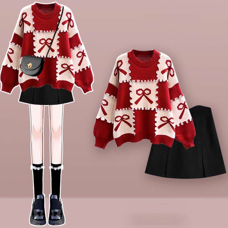 Bow Knot Print Sweater Plaid Pleated Skirt Set - Set D / M