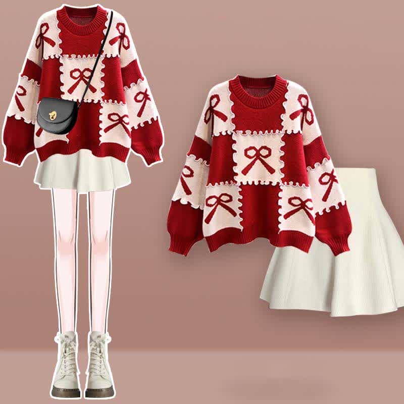 Bow Knot Print Sweater Plaid Pleated Skirt Set - Set E / M