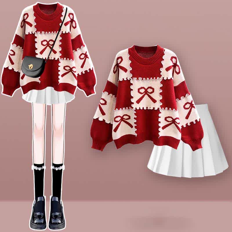 Bow Knot Print Sweater Plaid Pleated Skirt Set - Set F / M