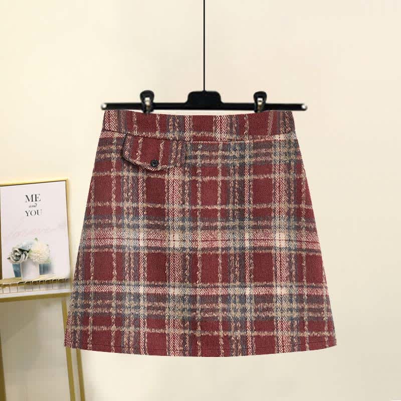 Bow Knot Print Sweater Plaid Pleated Skirt Set - Red Skirt