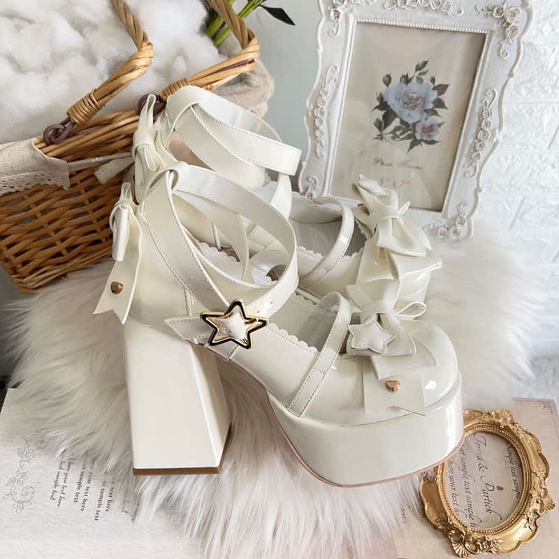 Bow Knot Star Buckle Lolita High-heeled Shoes - White / 35