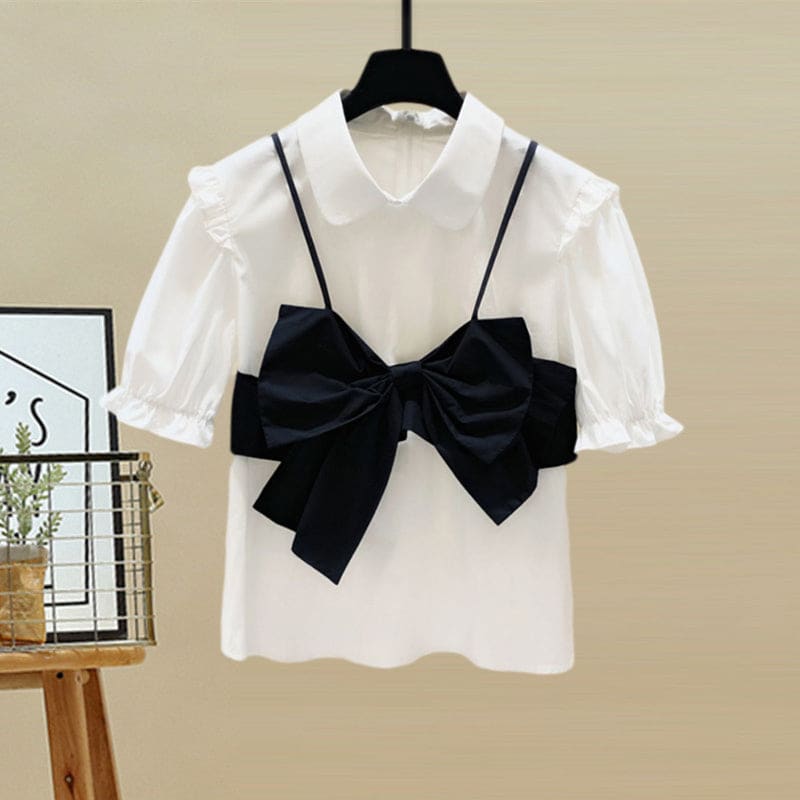 Bow Knot T-Shirt High Waist Ruffled Skirt Set - White