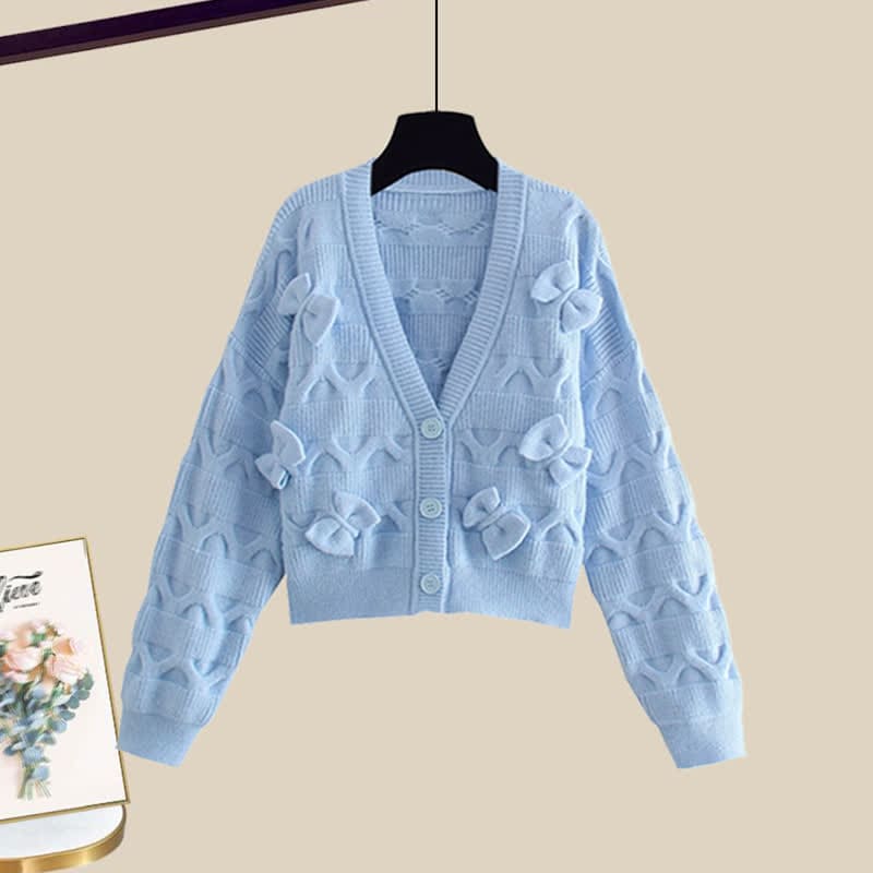 Bow Knot V-neck Cardigan Sweater Casual Pants - Blue