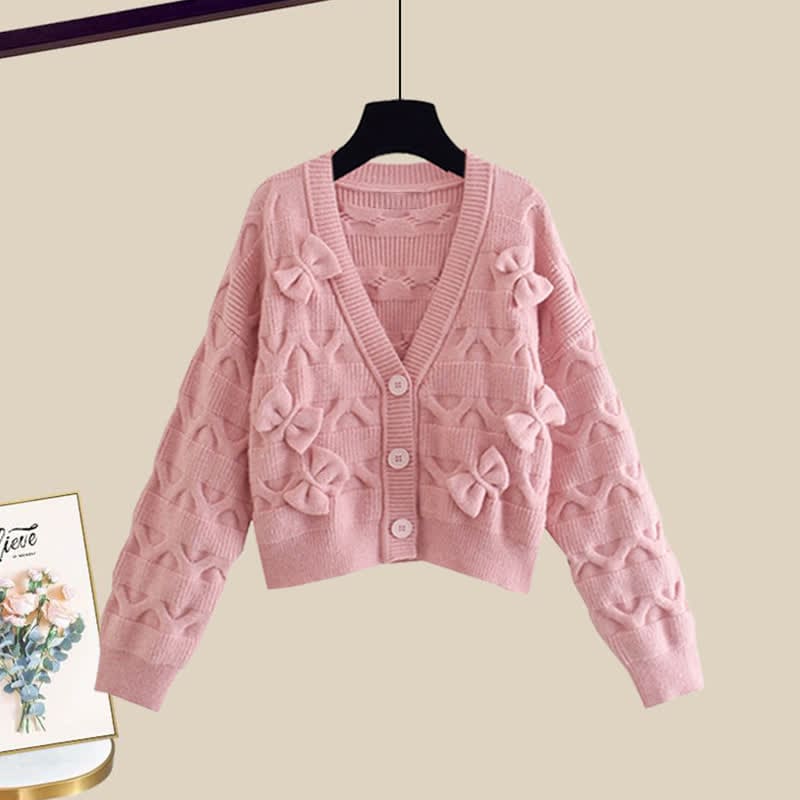 Bow Knot V-neck Cardigan Sweater Casual Pants - Pink