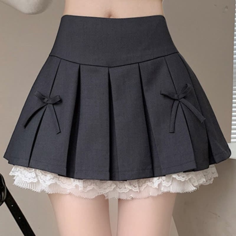 Bow Lace Slim High Waist Pleated Skirt