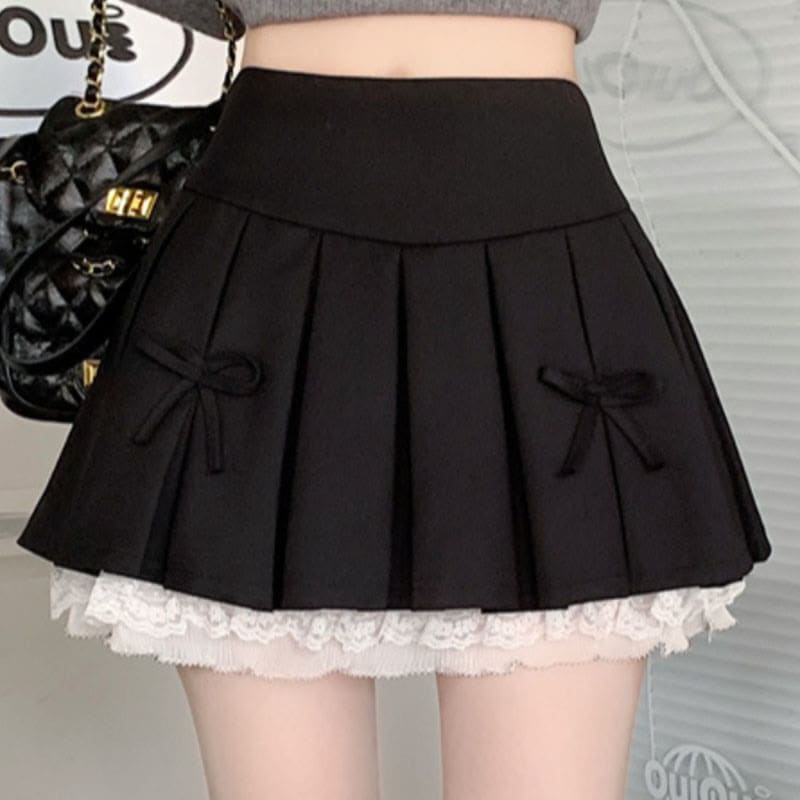 Bow Lace Slim High Waist Pleated Skirt