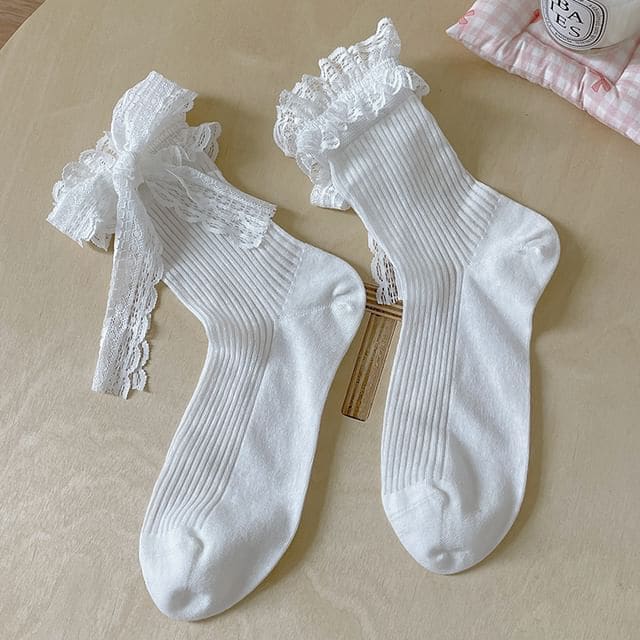 Bow Lace Socks / Set - 1 Pair - White / One Size